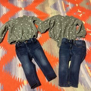 Matching Green Sweaters and Blue Jeans Set